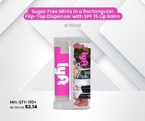 Sugar Free Mints in a Rectangular Flip Top Dispenser with SPF 15 Lip Balm