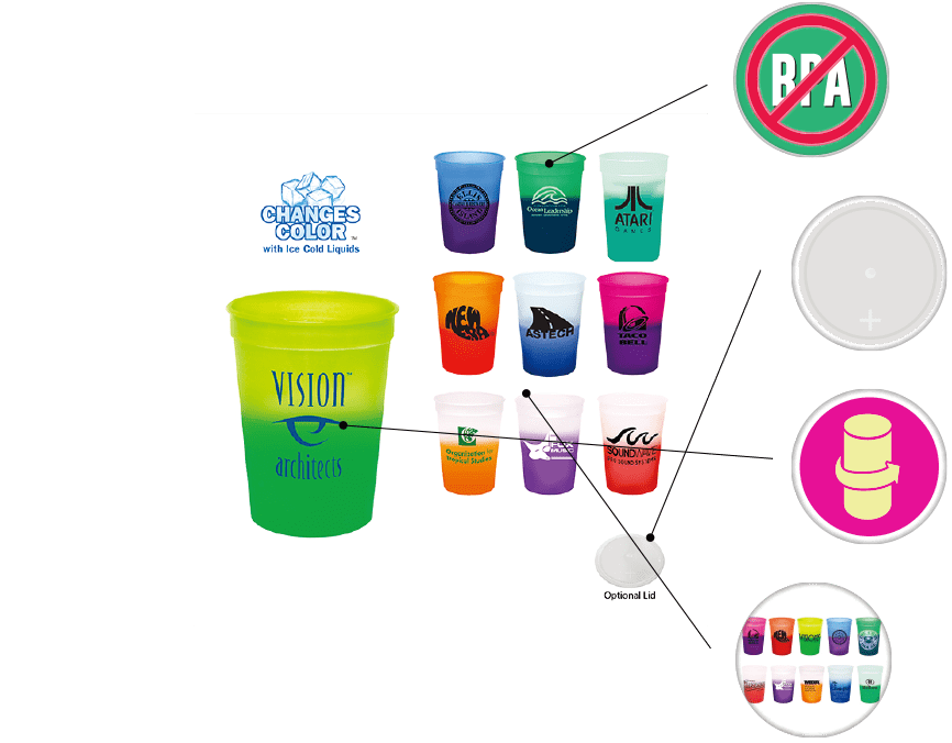 Promotional color changing cups are displayed with features highlighted such as BPA Free, Lids Available, Wrap Print Available and 10 different color options.