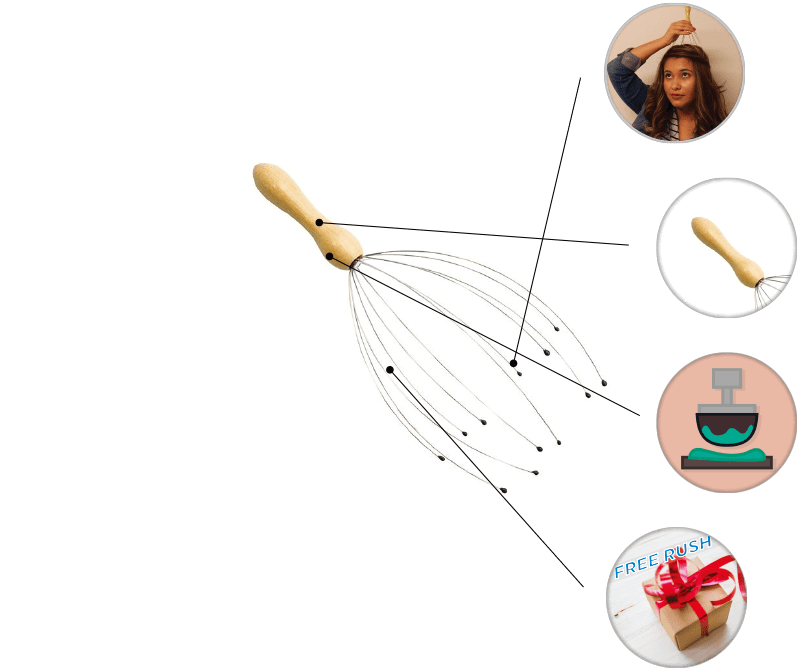 Head massager and scratcher from AnyPromo showing wood handle and features