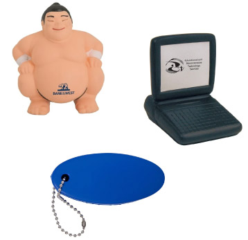 Imprinted squeeze stress relivers in different shapes like a laptop,key tag and sumo wrestler