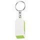 aerial view a white with lime green phone stand and screen cleaner combo key chain, image 1 of 8