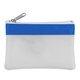 aerial view a frost white with royal blue trim transparent zippered coin pouch, image 1 of 2