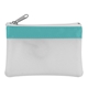 aerial view a frost white with teal trim transparent zippered coin pouch, image 1 of 2