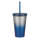 aerial view a silver with blue with blue lid and straw 16 oz chroma stainless steel tumbler, image 1 of 3