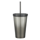 aerial view a silver with charcoal with charcoal lid and straw 16 oz chroma stainless steel tumbler, image 1 of 3
