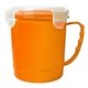 aerial view a orange soup mug with locking lid, image 1 of 2