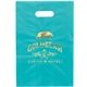 aerial view a teal frosted plastic multi color die cut diana handle bag 9.5 x 14 w / foil print, image 1 of 2