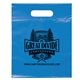 aerial view a brite blue frosted plastic flexo ink multi color die cut handle bag 9.5 x 12, image 1 of 2