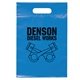 aerial view a brite blue frosted plastic flexo ink multi color die cut handle bag 9.5 x 14, image 1 of 2