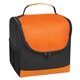 aerial view a black with orange trim thrifty non - woven lunch cooler bag, image 1 of 3