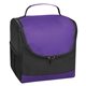 aerial view a black with purple trim thrifty non - woven lunch cooler bag, image 1 of 3