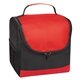 aerial view a black with red trim thrifty non - woven lunch cooler bag, image 1 of 3