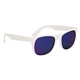 aerial view a white frame with blue mirrored lenses rubberized mirrored sunglasses, image 1 of 4