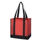 aerial view a red with black trim non - woven two - tone shopper tote bag, image 1 of 2