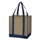 aerial view a tan with navy trim non - woven two - tone shopper tote bag, image 1 of 2
