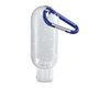 aerial view a clear bottle with blue carabiner 1.9 oz clear sanitizer in clear bottle with carabiner, image 1 of 2