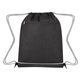 aerial view a black with black trim bandura non - woven recycled drawstring bag, image 1 of 2