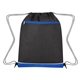 aerial view a black with blue trim bandura non - woven recycled drawstring bag, image 1 of 2