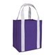 a purple/white grande reusable tote with reinforced handles