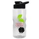 aerial view a clear bottle & black lid & black mixing ball mini mountain 22 oz tritan(tm) shaker bottle with drink thru lid, image 1 of 2