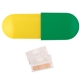 aerial view a yellow long end capsule & green short end capsule capsule bandage dispenser (flat), image 1 of 2