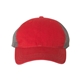 aerial view a red/ charcoal richardson trucker snapback cap, image 1 of 3