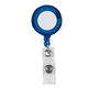 aerial view a translucent indigo blue retractable badge holder with laminated label, image 1 of 2
