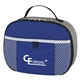 aerial view a royal blue with gray and white accents lunchtime cooler bag, image 1 of 2