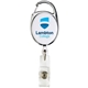 a white with silver trim retractable badge reel with badge clip