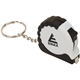 a white with black trim keychain measuring tape
