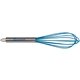 a silver handle with blue kitchen wisk with metal handle