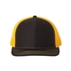 aerial view a black/ gold richardson adjustable six - panel trucker hat, image 1 of 3