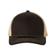 aerial view a black/ vegas gold richardson adjustable six - panel trucker hat, image 1 of 3