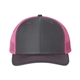 aerial view a charcoal/ neon pink richardson adjustable six - panel trucker hat, image 1 of 3