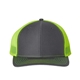aerial view a charcoal/ neon yellow richardson adjustable six - panel trucker hat, image 1 of 3