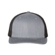 aerial view a heather grey/ black richardson adjustable six - panel trucker hat, image 1 of 3