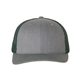 aerial view a heather grey/ dark green richardson adjustable six - panel trucker hat, image 1 of 3
