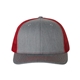 aerial view a heather grey/ red richardson adjustable six - panel trucker hat, image 1 of 3