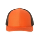 aerial view a orange/ black richardson adjustable six - panel trucker hat, image 1 of 3