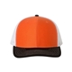 aerial view a orange/ white/ black richardson adjustable six - panel trucker hat, image 1 of 3