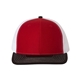 aerial view a red/ white/ black richardson adjustable six - panel trucker hat, image 1 of 3