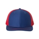 aerial view a royal/ red richardson adjustable six - panel trucker hat, image 1 of 3