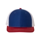 aerial view a royal/ white/ red richardson adjustable six - panel trucker hat, image 1 of 3