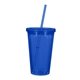 aerial view a translucent blue with matching straw 16 oz double wall acrylic tumbler with straw, image 1 of 2