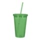 aerial view a translucent green with matching straw 16 oz double wall acrylic tumbler with straw, image 1 of 2