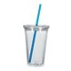 aerial view a translucent clear with blue straw 16 oz double wall acrylic tumbler with straw, image 1 of 2