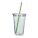 aerial view a translucent clear with green straw 16 oz double wall acrylic tumbler with straw, image 1 of 2