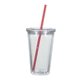 aerial view a translucent clear with red straw 16 oz double wall acrylic tumbler with straw, image 1 of 2