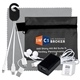 a black techtime plus mobile tech charging kit with earbuds, charging cable and charger in zipper pack components inserted into polyester zipper kit