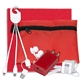 aerial view a red techtime plus mobile tech charging kit with earbuds, charging cable and charger in zipper pack components inserted into polyester zipper kit, image 1 of 3